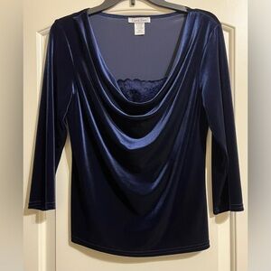 Carol Rose Women’s Dark Blue Velveteen Cowl Neck Lace Pullover Blouse Top Small